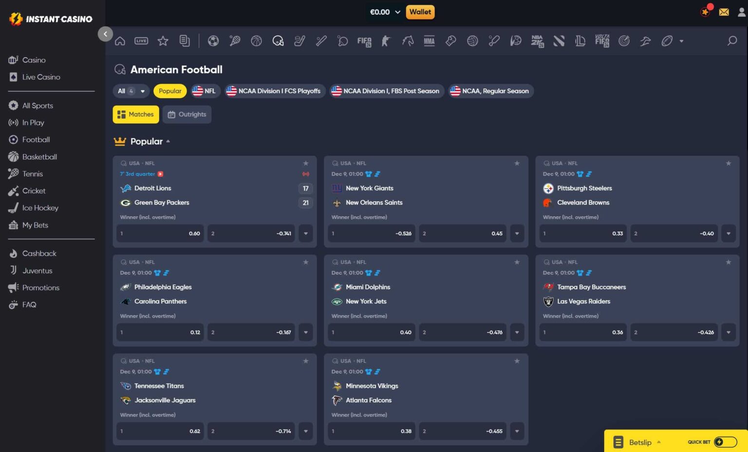 nfl matches at instant casino