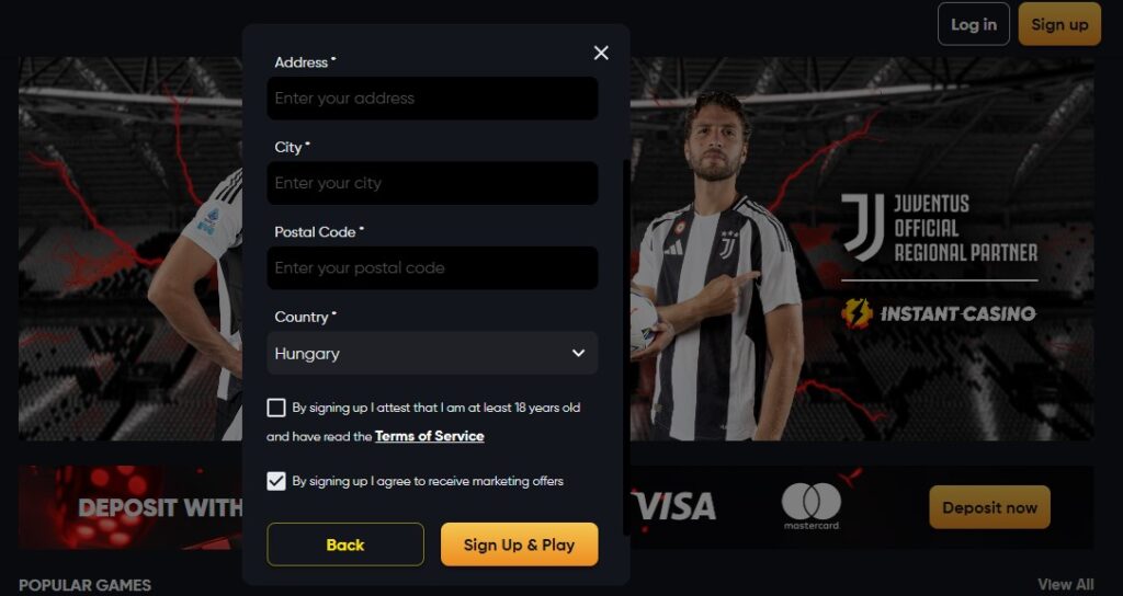 sign up process instant casino