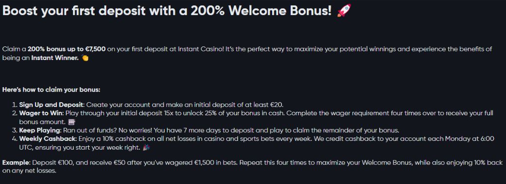 terms and conditions welcome bonus instant casino