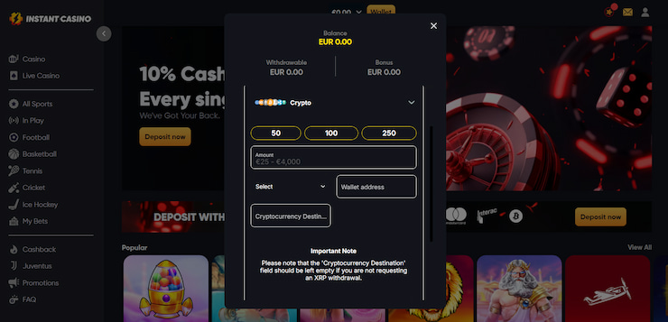 instant casino withdrawal process form