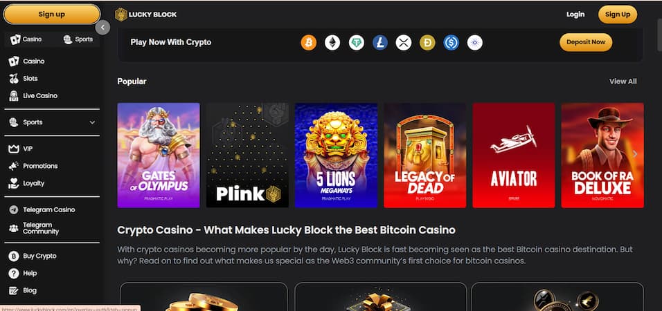 Lucky Block casino games with the main navigation menu on the left