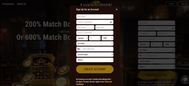 Lucky Creek sign up page