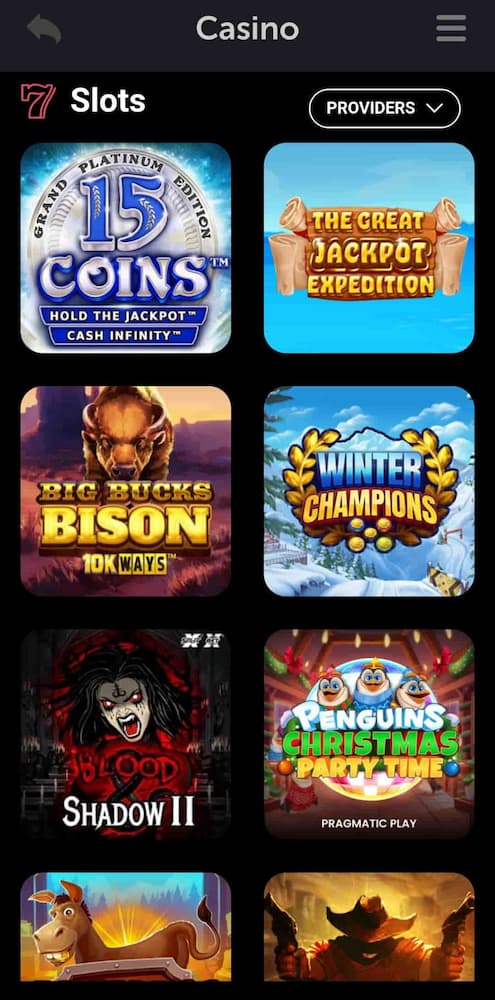 Slot games lobby at an online mobile casino.