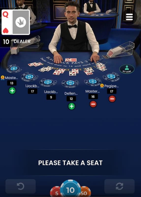 A six player live blackjack on mobile; dealer holds 10 and face down, active players hold 13, 17, 9, 12.