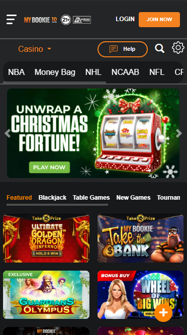 MyBookie casino mobile frontpage