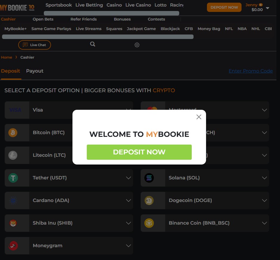 MyBookie deposit page