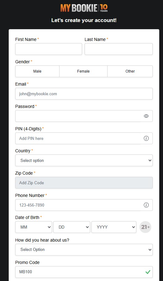 MyBookie sign up page