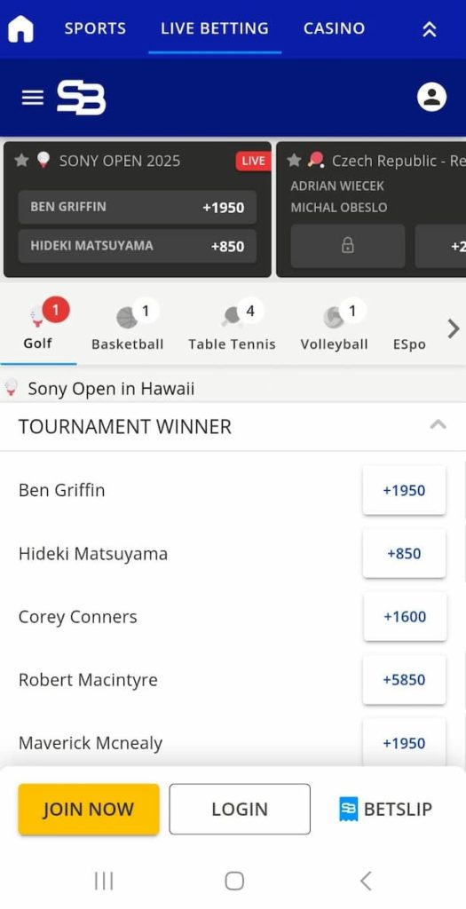 mobile view of golf betting on Sportsbetting.ag app