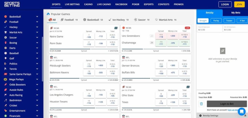 online sports betting section of Sportsbetting.ag site, showing popular games for that day