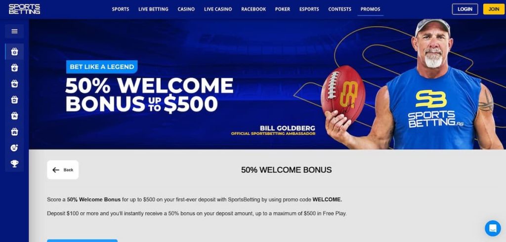 50% welcome bonus up to $500 on Sportsbetting.ag