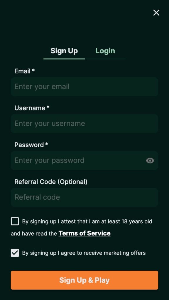 TG Casino sign up page