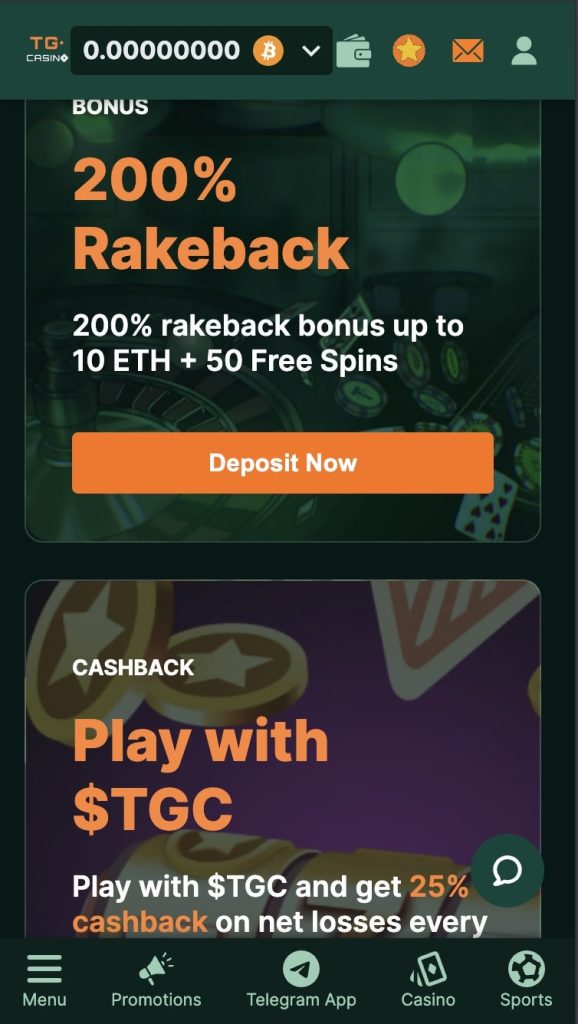 TG Casino mobile homepage