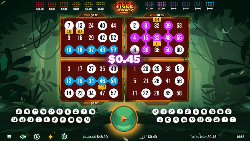 Tiger Express casino game showing different numbers in four boards and the amount won at the center