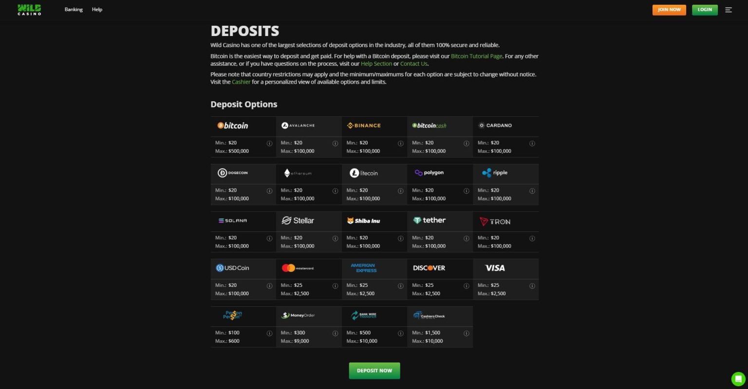 deposit methods wild casino