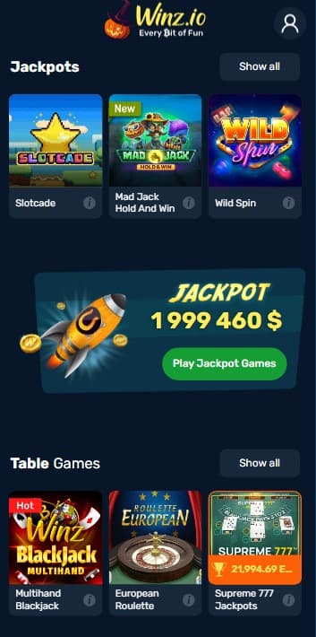 mobile view of Winz.io online crypto casino