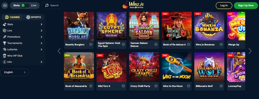 homepage of winz.io casino showing some of their slot games on offer.