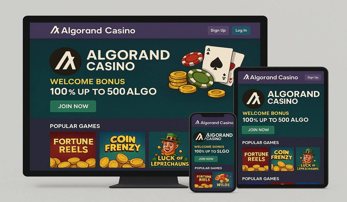 Algorand casino website displayed on desktop, tablet, and mobile devices showing welcome bonus and popular games