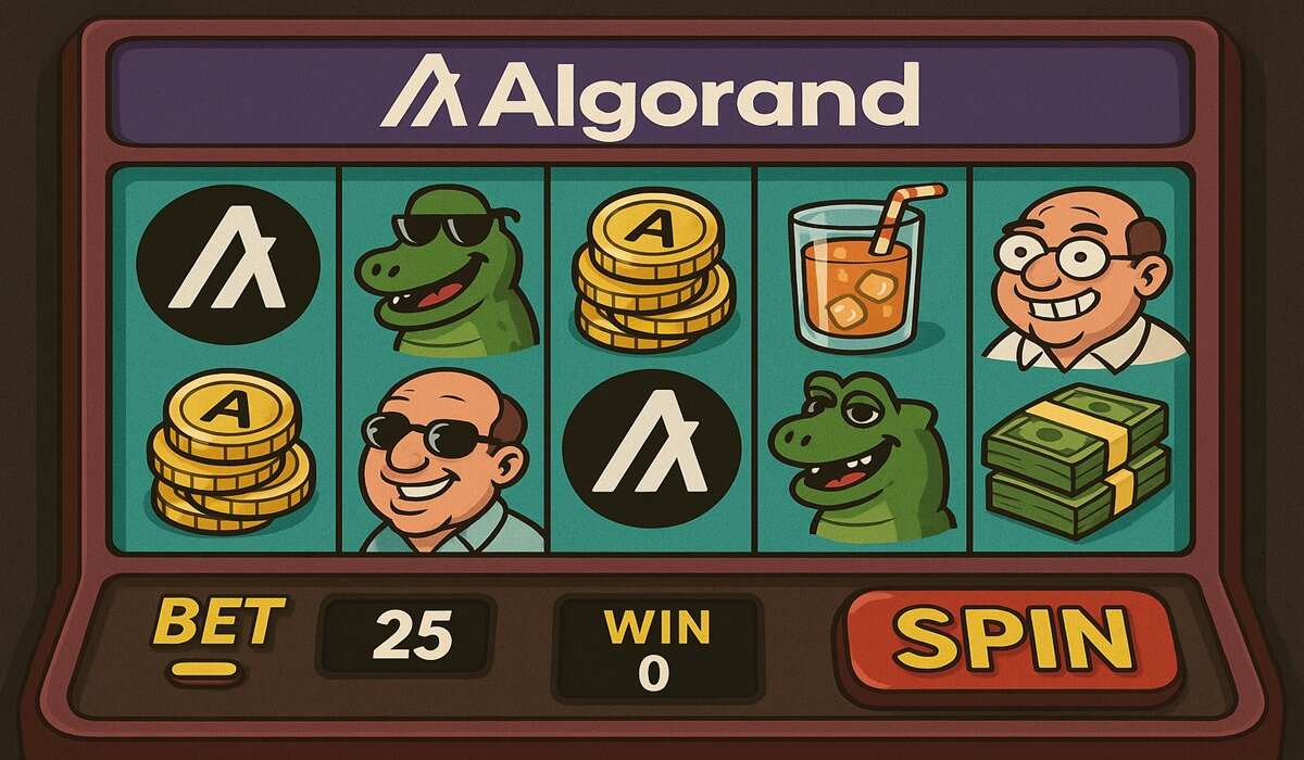 Algorand-themed online slot game with cartoon graphics, featuring coins, alligators, and humorous icons