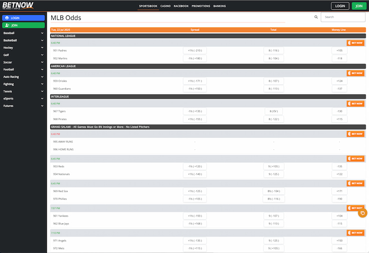 The BetNow sportsbook section 
