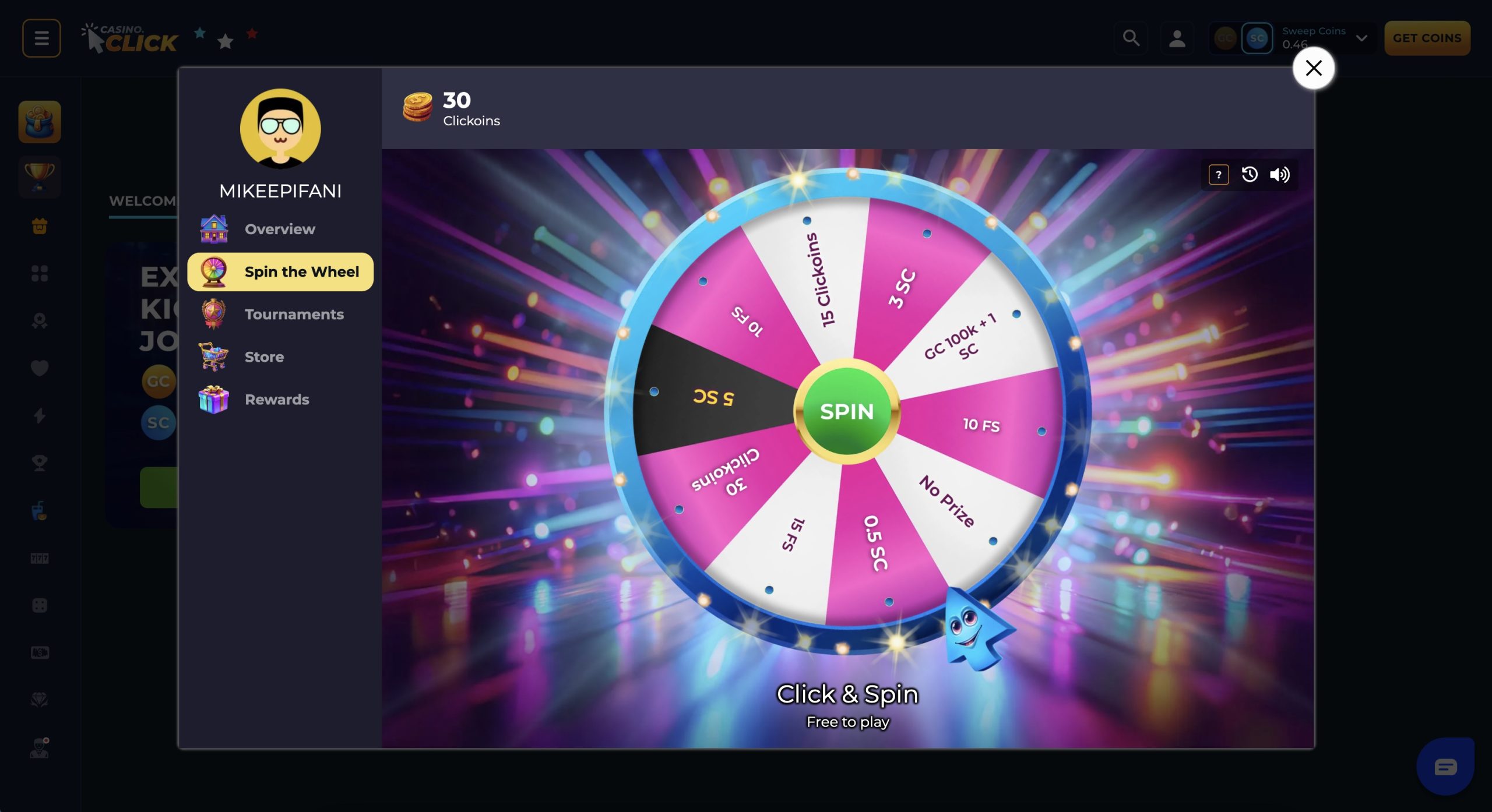 Casino.Click Spin the Wheel Log In Bonus Screenshot