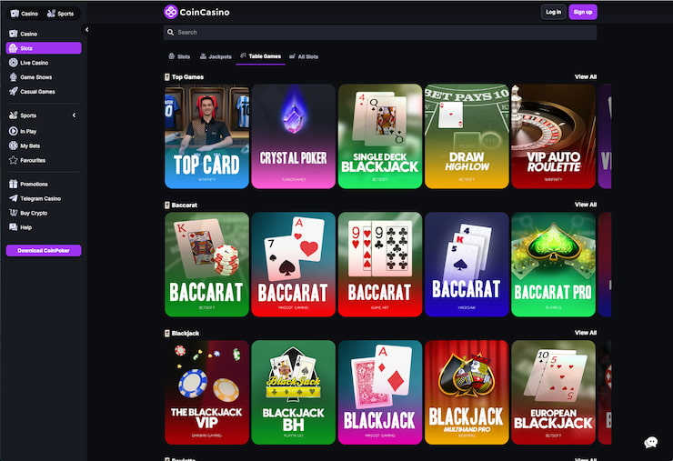 The table game selection at CoinCasino's metaverse casino
