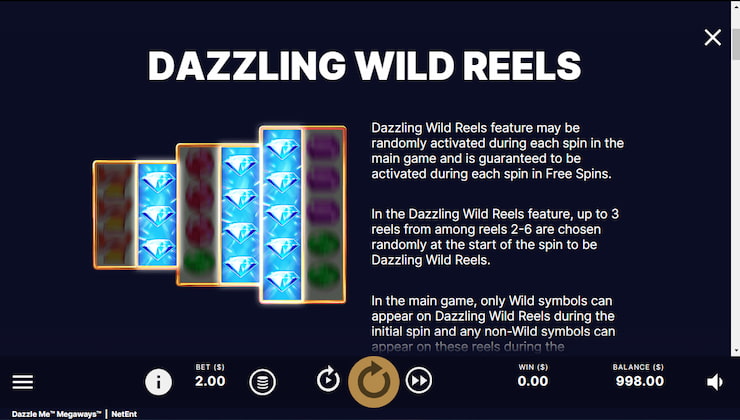 Dazzle Me Slots dazzline wild reels explanation.