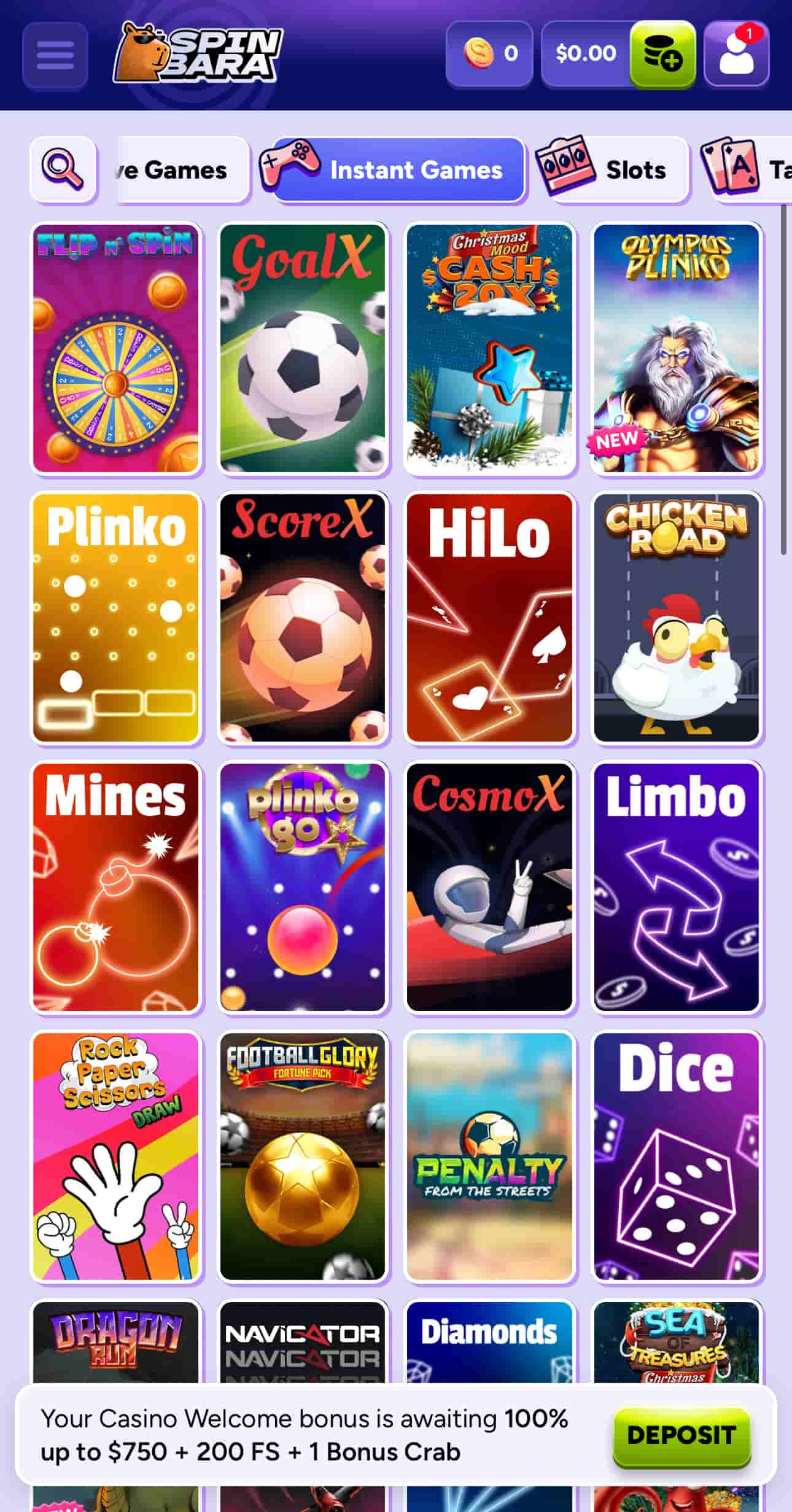 a view of crash games and specialty options at Spinbara