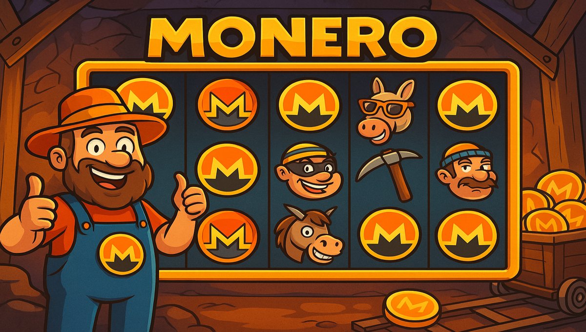 Monero-themed slot game with humorous cartoon-style graphics