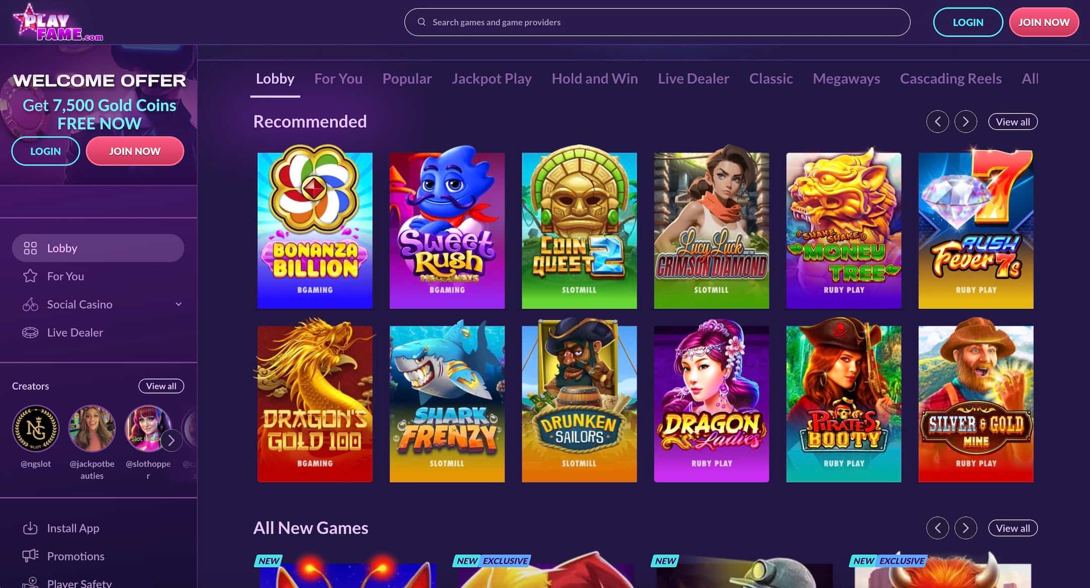 PlayFame Casino Lobby