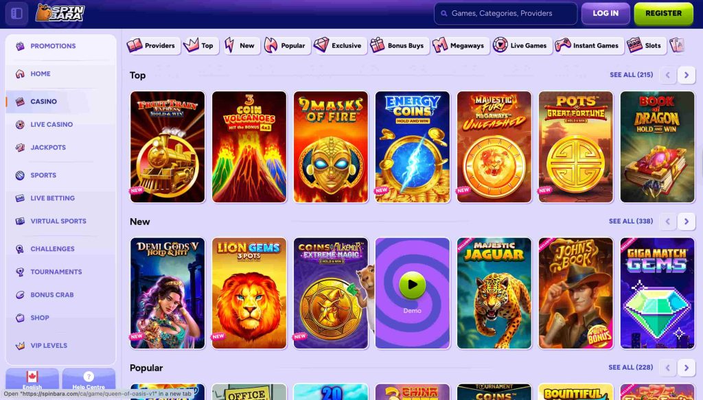 A screenshot showing the Spinbara Casino home page - a top casino for CA bonuses