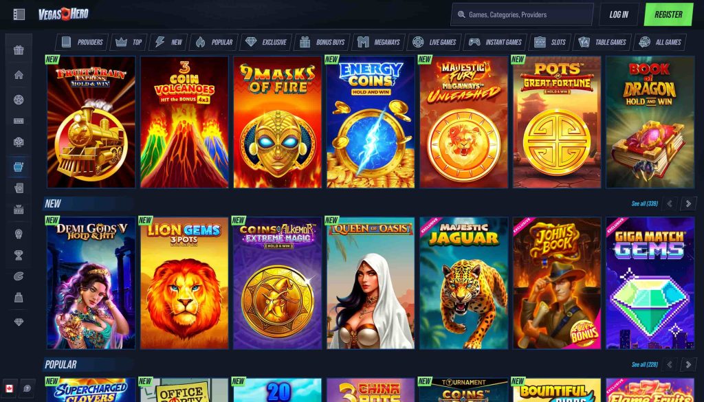 A preview of the casino games at Vegas Hero - a top casino for CA bonuses