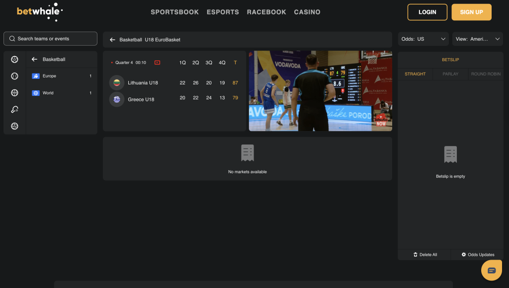 A view of the live stream of a basketball game on the BetWhale live betting page