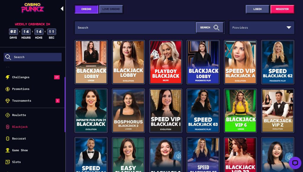Blackjack options at CasinoPunkz - one of the top new independent casinos UK