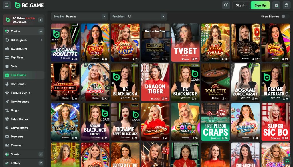 A view of the live casino at BC Game independent casino