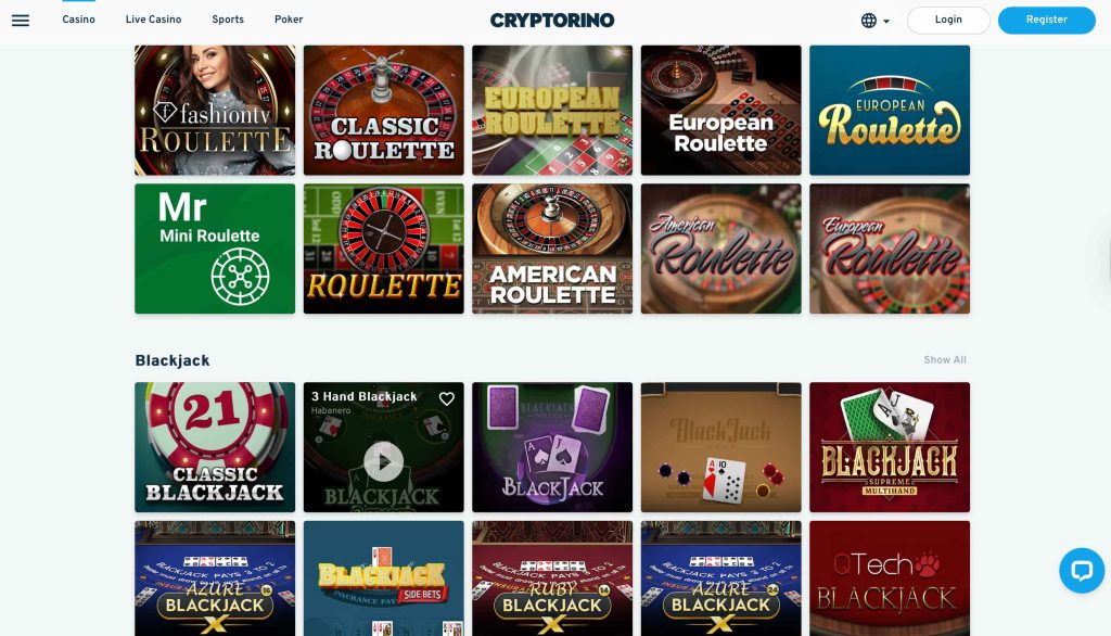 Some roulette and blackjack options at Cryptorino Casino