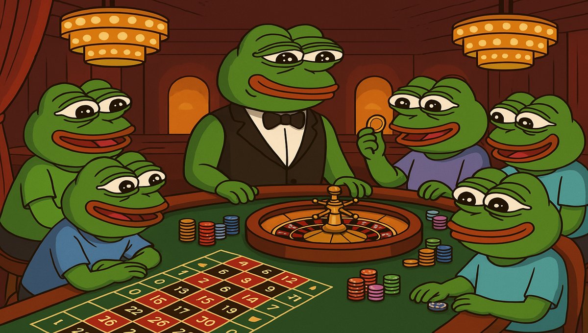 animated Pepe frog characters around a roulette table in a cartoon-style casino - pepe casinos