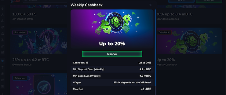 A snapshot of the Telegram Bonus at 7Bit Casino