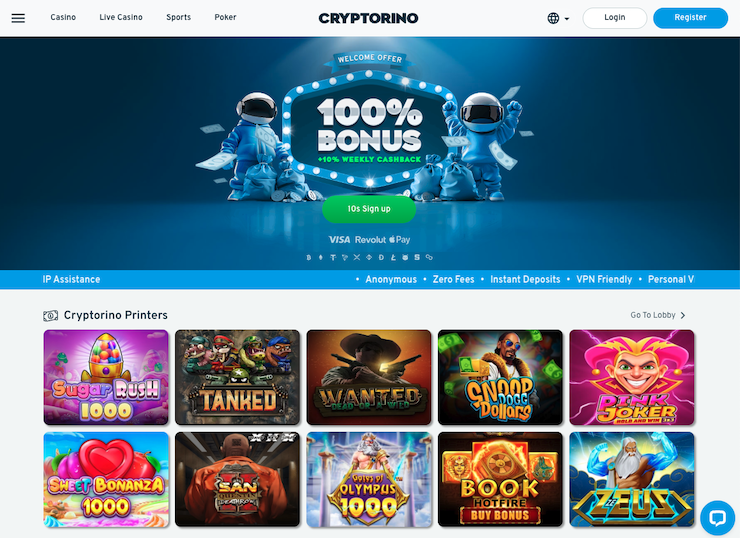 A snapshot of Cryptorino Casino - a top betting app for UK players