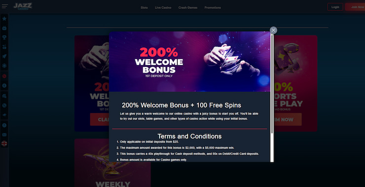 A snapshot of a 200% JazzCasino bonus code promotion.