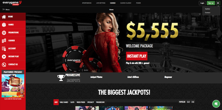 The homepage of Everygame online casino, showcasing a wide range of games, as well as an enticing $5,555 Everygame bonus.