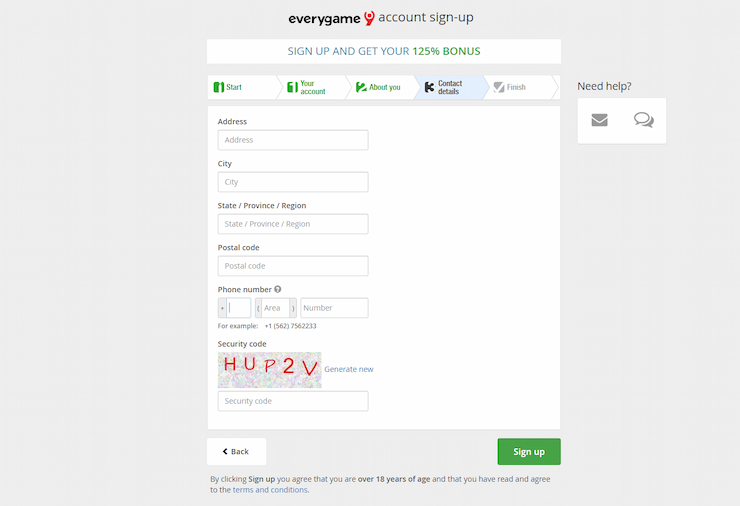 A screenshot of the quick and easy sign-up process, featuring a Everygame casino bonus above the required contact details.