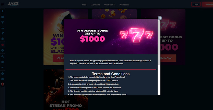 An overview of the 7th deposit JazzCasino bonus, alongside its terms and conditions.