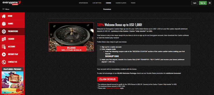 A closer look at the at the Everygame bonus code for their 125% welcome package.