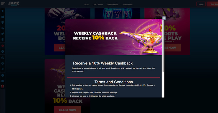 A closer look at the 10% weekly cashback promotion, one of the most popular JazzCasino bonuses.