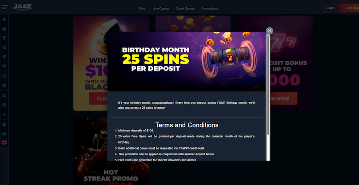 An image of the 25 free spins birthday month JazzCasino code promo.
