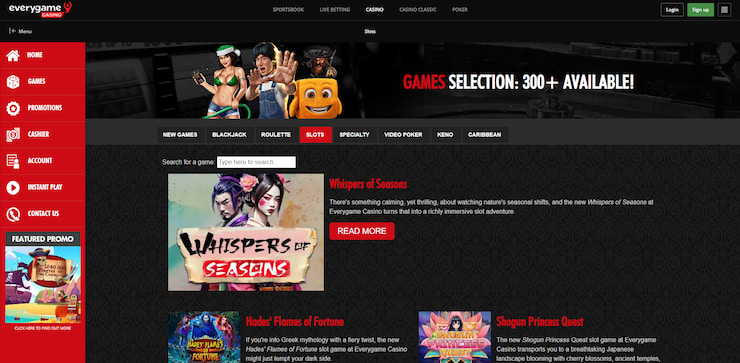 An image of the games that can be played at the casino, one of which is Whispers of Seasons—a slot where you can earn free spins through an Everygame coupon code.