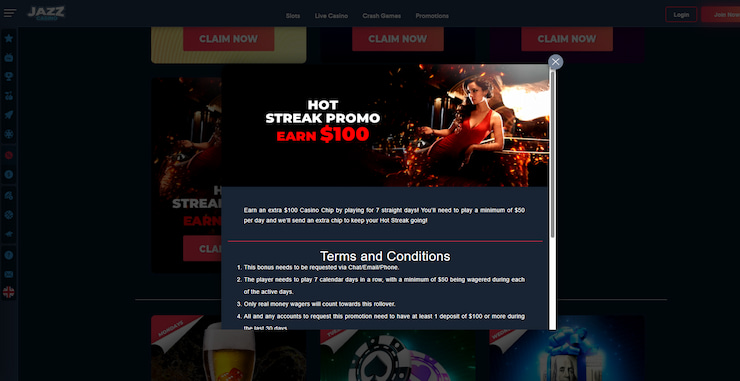 A sneak peek at the Hot Streak JazzCasino promo code bonus.