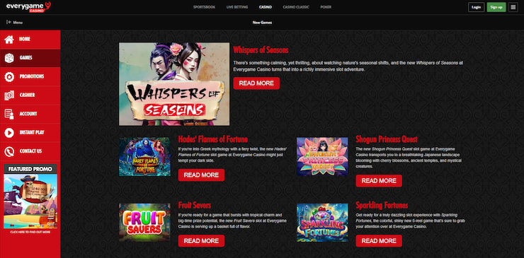 A look at the many new games that can be played at the online casino, including many that qualify for Everygame casino promo codes.