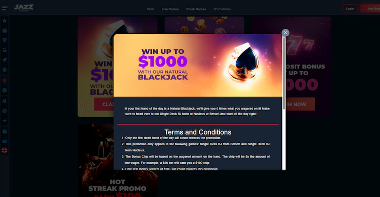 The outline of a blackjack-specific JazzCasino bonus code promotion of up to $1,000.