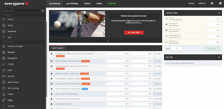 The sportsbook section at Everygame, featuring classic and unique markets on the left, new games below, and a sports-specific Everygame bonus above.